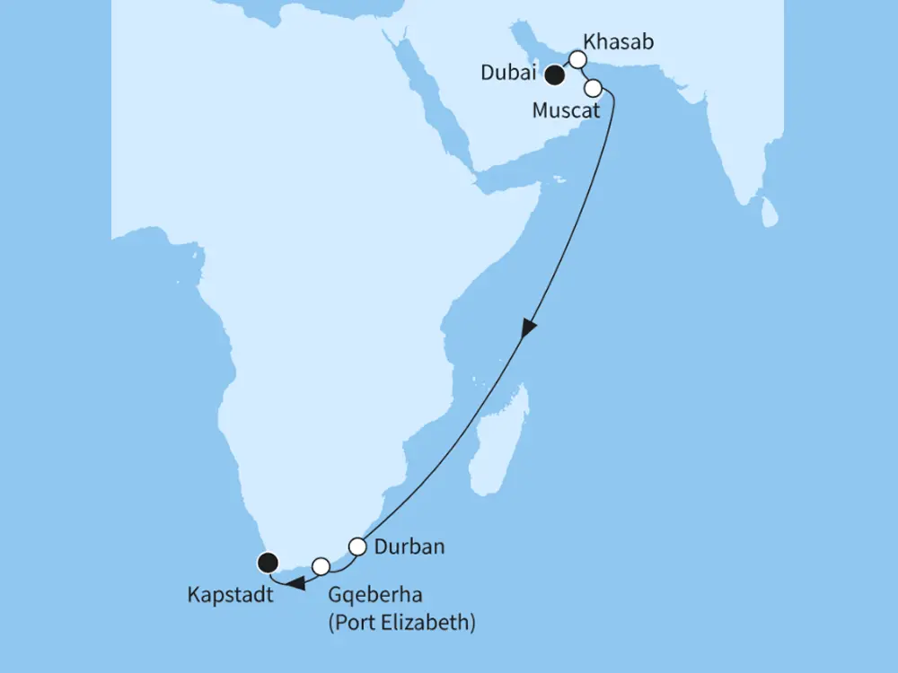 Mein Schiff 5 Angebot der Woche Auszeit zwischen den Kontinenten - ab Dubai/bis Kapstadt inkl. Flug - Routenbild
